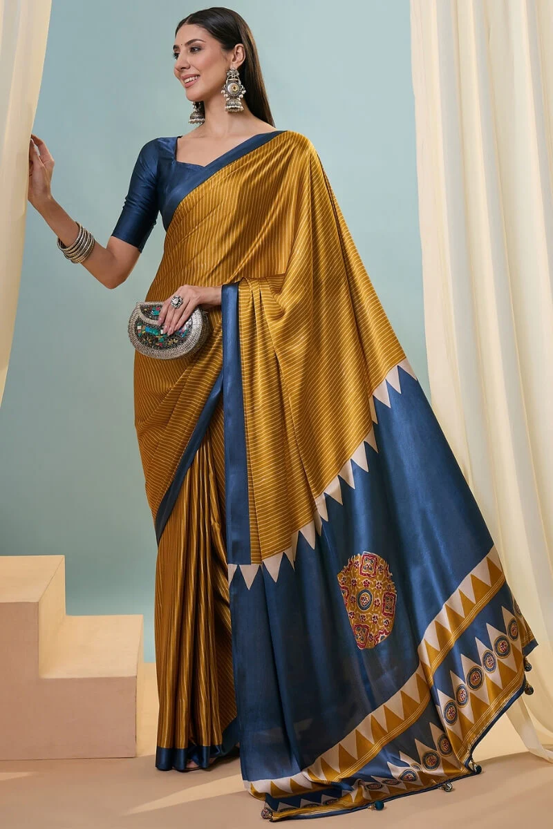 Flattering Mustard Ajrakh Printed Semi Modal Silk Saree With Beautiful Blouse Piece - Image 3