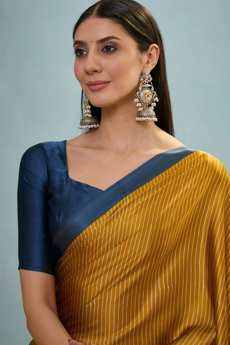 Flattering Mustard Ajrakh Printed Semi Modal Silk Saree With Beautiful Blouse Piece - Image 4