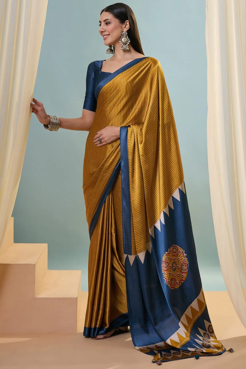 Flattering Mustard Ajrakh Printed Semi Modal Silk Saree With Beautiful Blouse Piece - Image 5