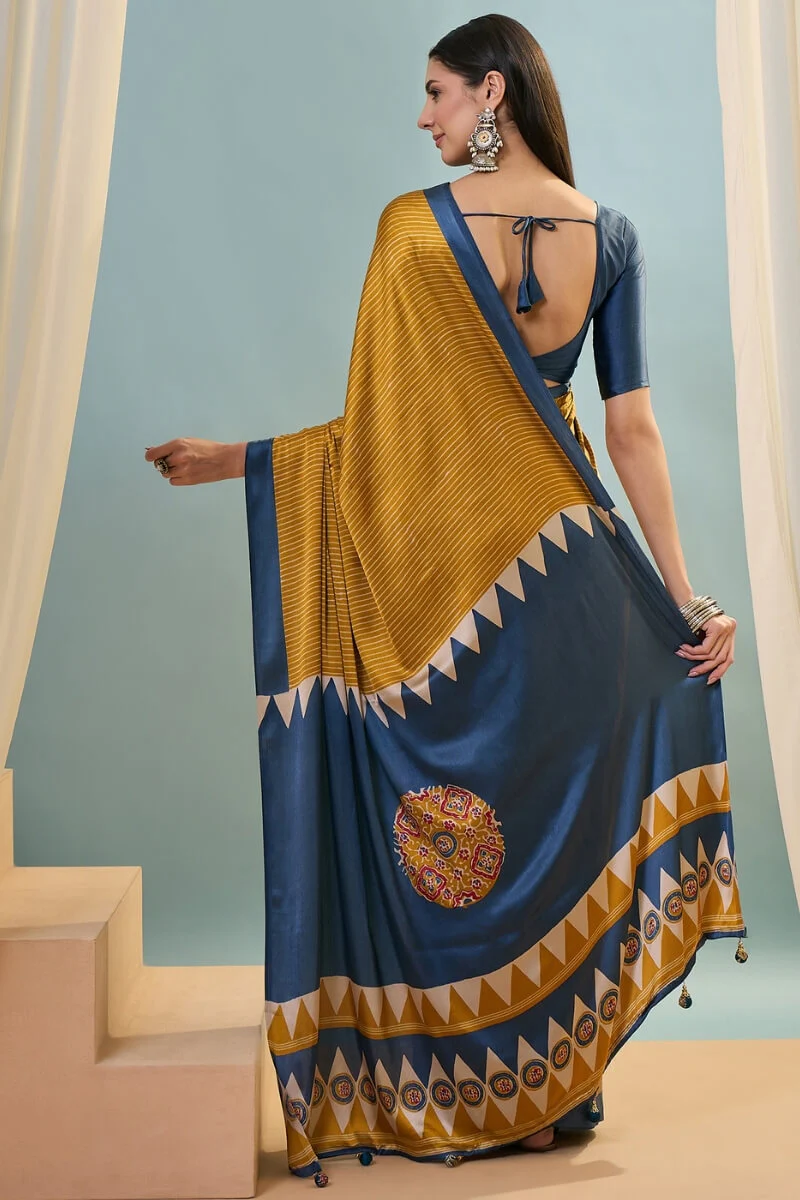 Flattering Mustard Ajrakh Printed Semi Modal Silk Saree With Beautiful Blouse Piece - Image 6