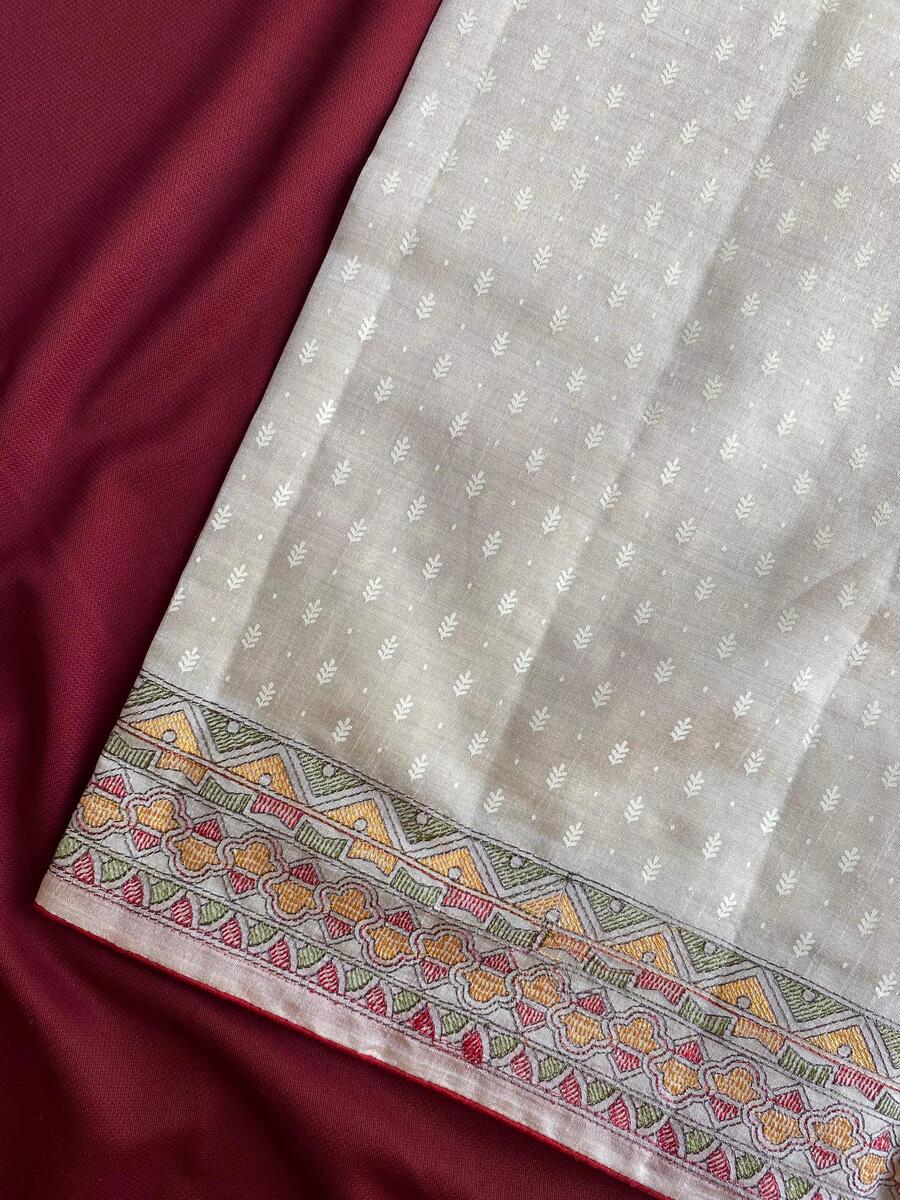 Flattering Off White Embroidery Work Tussar Silk Saree With Amiable Blouse Piece - Image 7