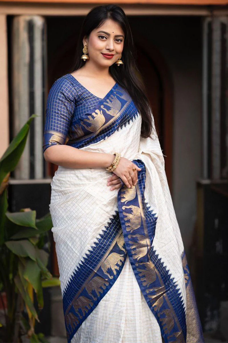 Flattering Off White Soft Silk Saree With Girlish Blouse Piece - Image 3