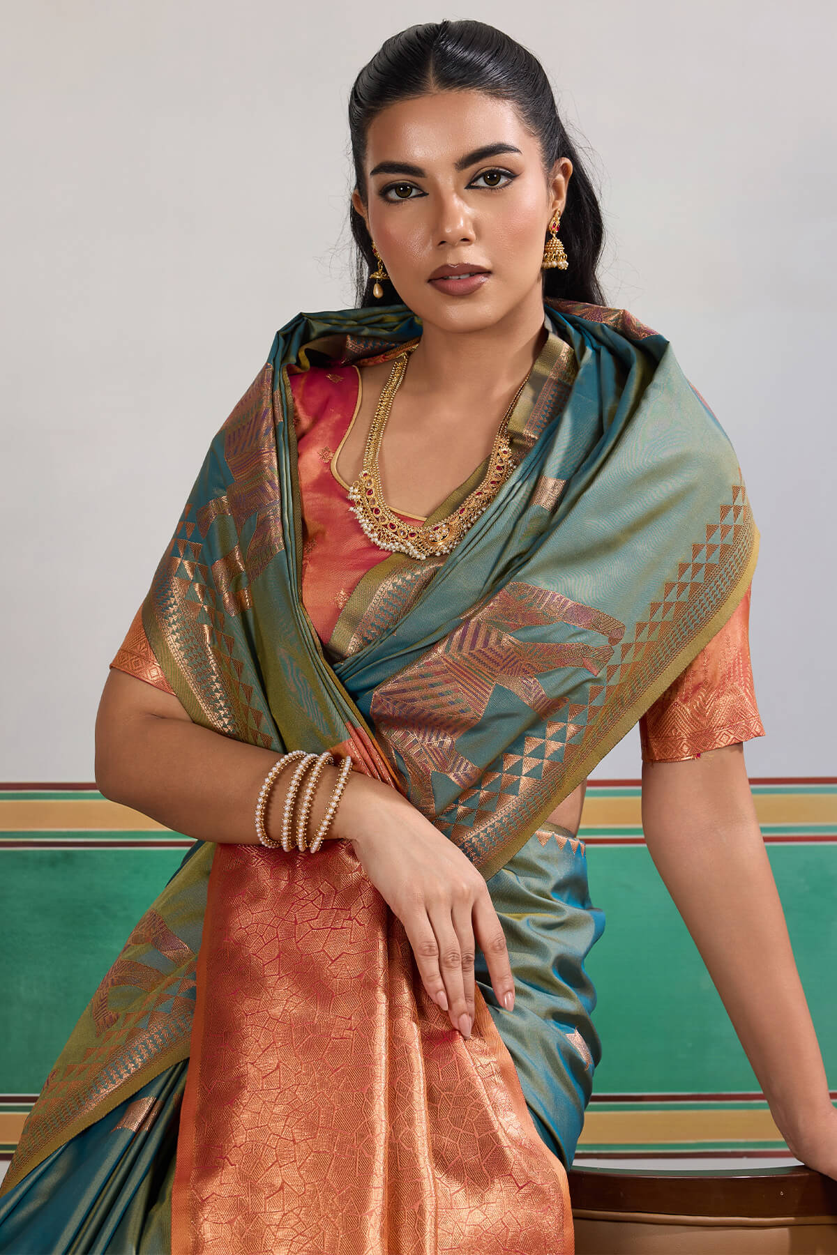 Flattering Rama Pure Zari Weaving Banarasi Silk Saree With Grandiose Blouse Piece - Image 2