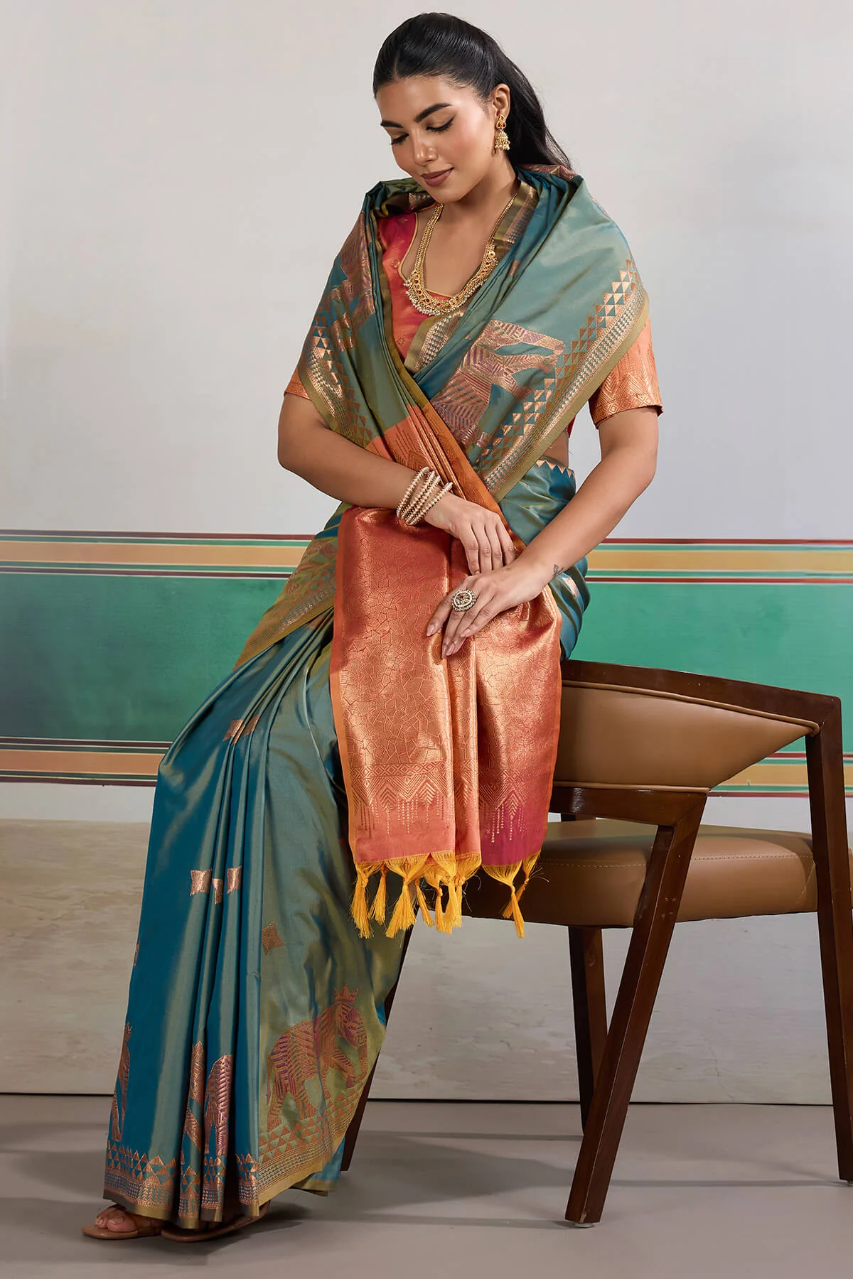 Flattering Rama Pure Zari Weaving Banarasi Silk Saree With Grandiose Blouse Piece - Image 5