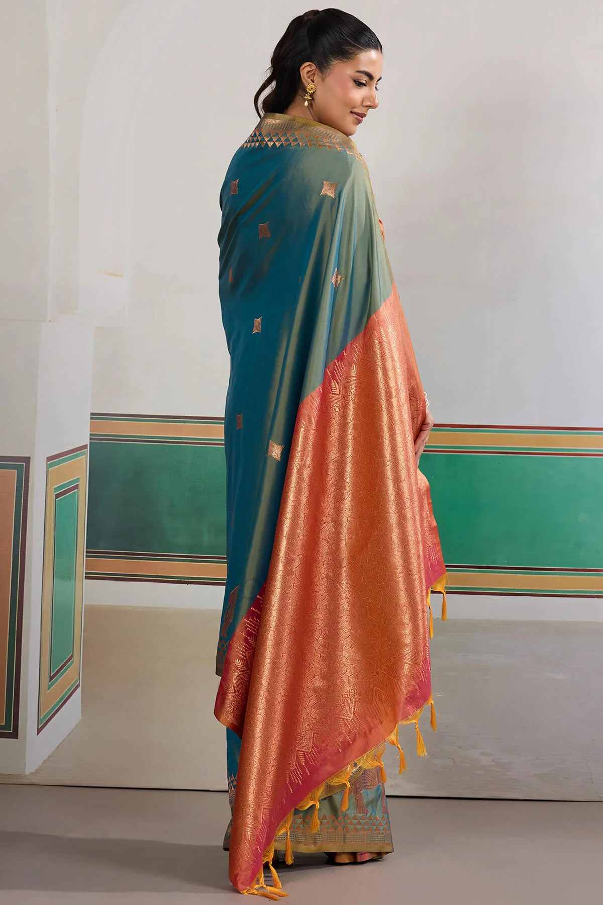 Flattering Rama Pure Zari Weaving Banarasi Silk Saree With Grandiose Blouse Piece - Image 6