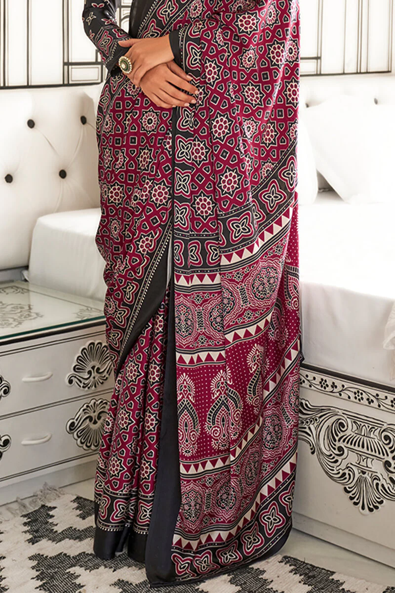 Flattering Wine Digital Printed Satin Silk Saree With Classy Blouse Piece - Image 3