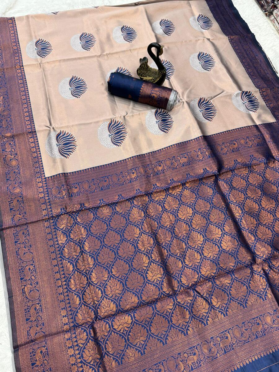 Flaunt Beige and Blue Soft Silk Saree With Dissemble Blouse Piece - Image 5