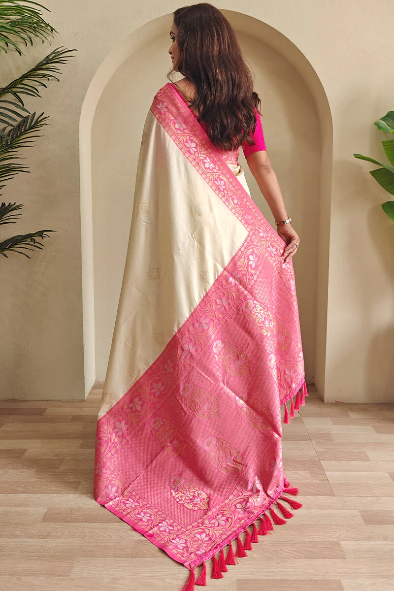 Flaunt Beige Soft Banarasi Silk Saree With Wonderful Blouse Piece - Image 3