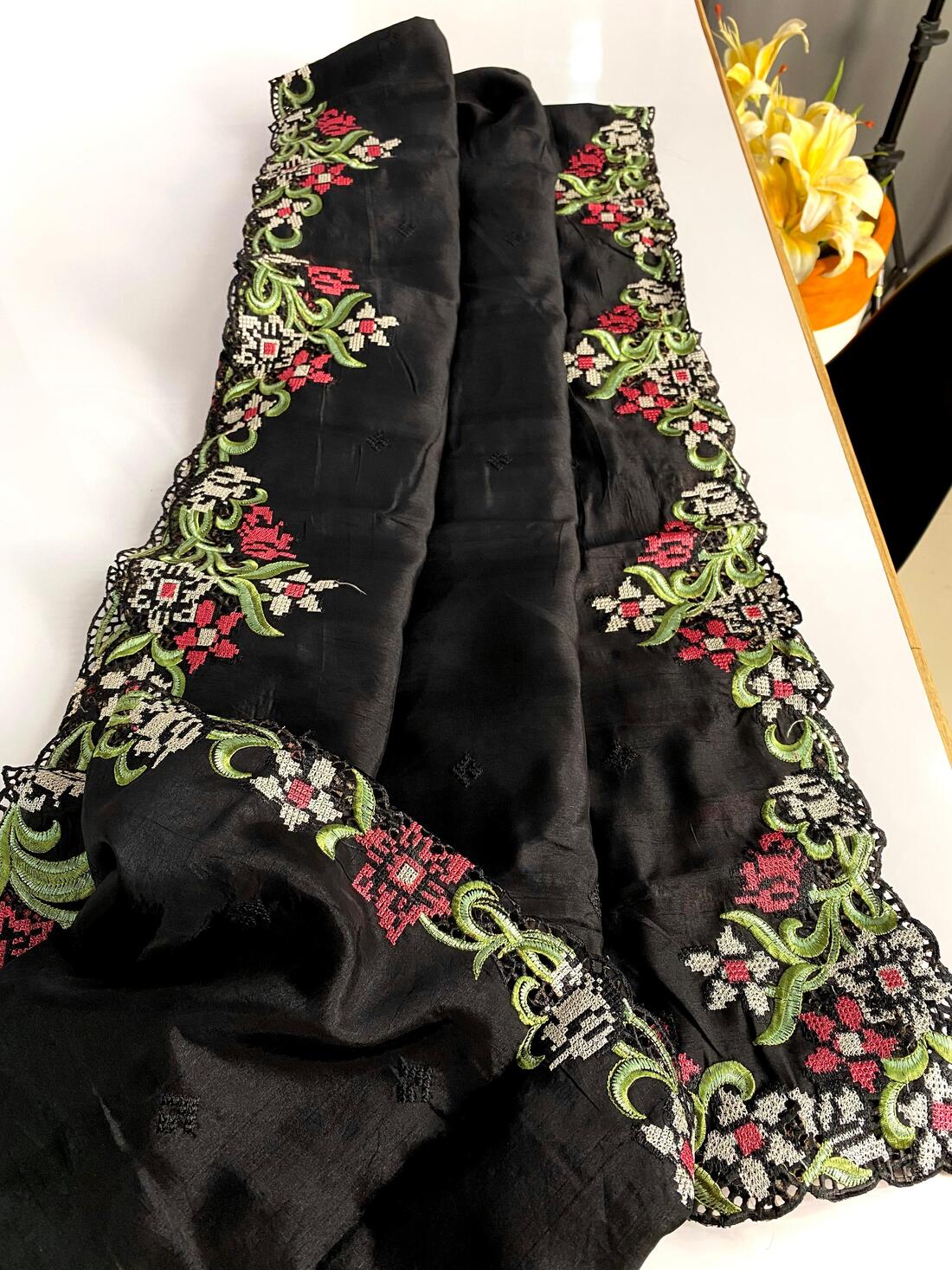 Flaunt Black Embroidery Work Tussar Silk Saree With Alluring Blouse Piece - Image 4