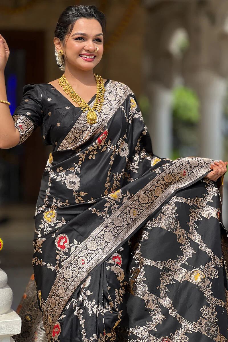 Flaunt Black Soft Banarasi Silk Saree With Outstanding Blouse Piece - Image 6