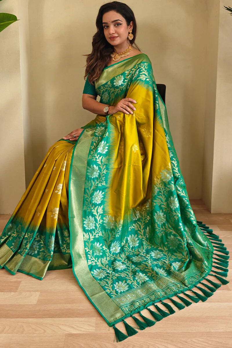 Flaunt Mustard Soft Banarasi Silk Saree With Inimitable Blouse Piece - Image 2