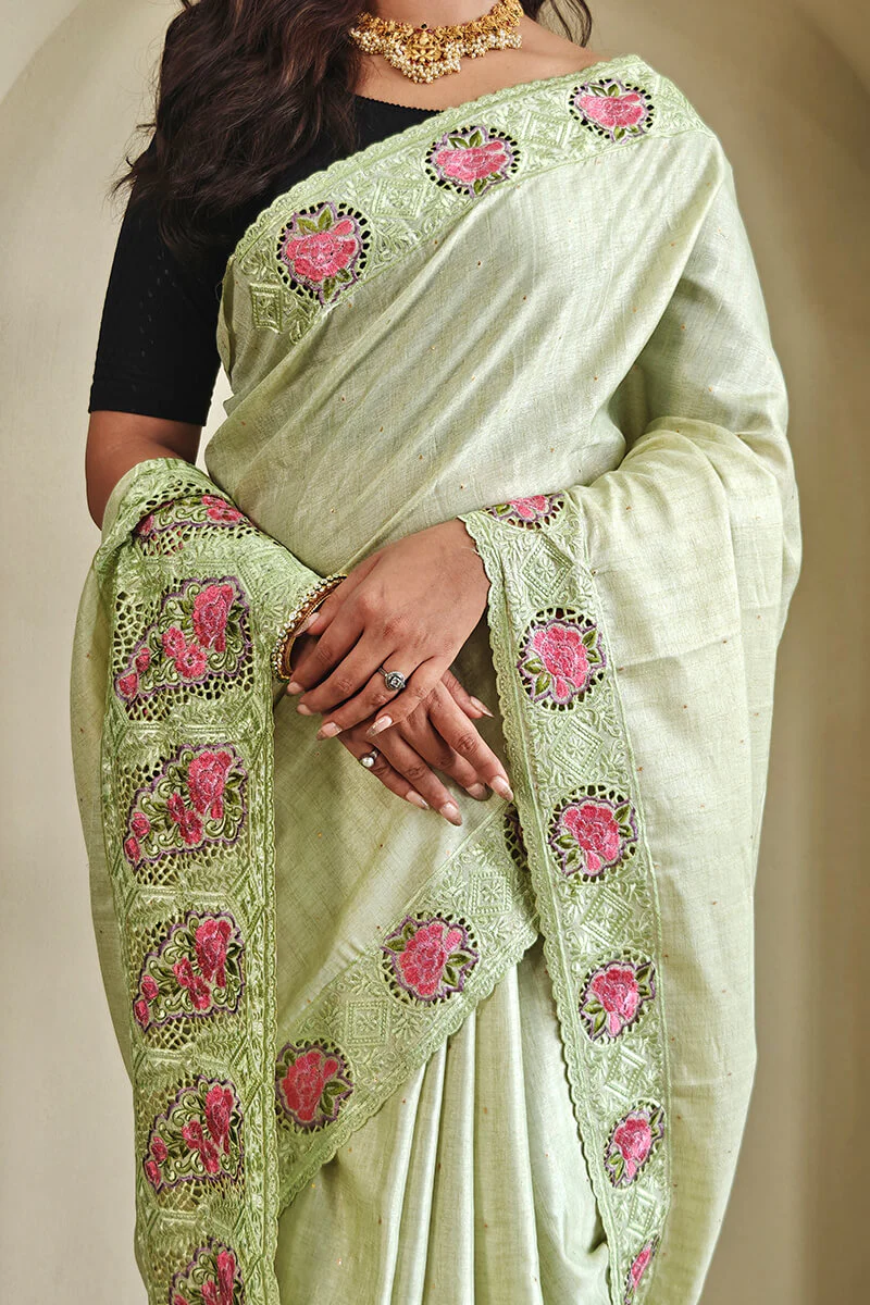 Flaunt Pista Embroidery Work Tussar Silk Saree With Demure Blouse Piece - Image 2