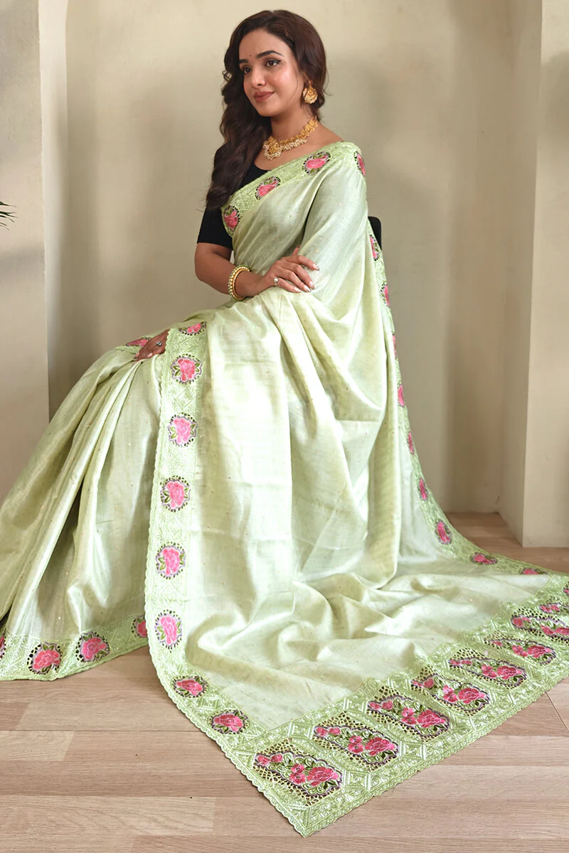 Flaunt Pista Embroidery Work Tussar Silk Saree With Demure Blouse Piece - Image 4