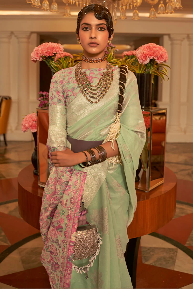 Flaunt Pista Pashmina saree With Gorgeous Blouse Piece - Image 2