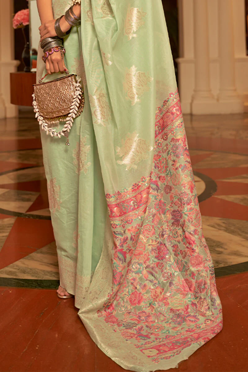 Flaunt Pista Pashmina saree With Gorgeous Blouse Piece - Image 3