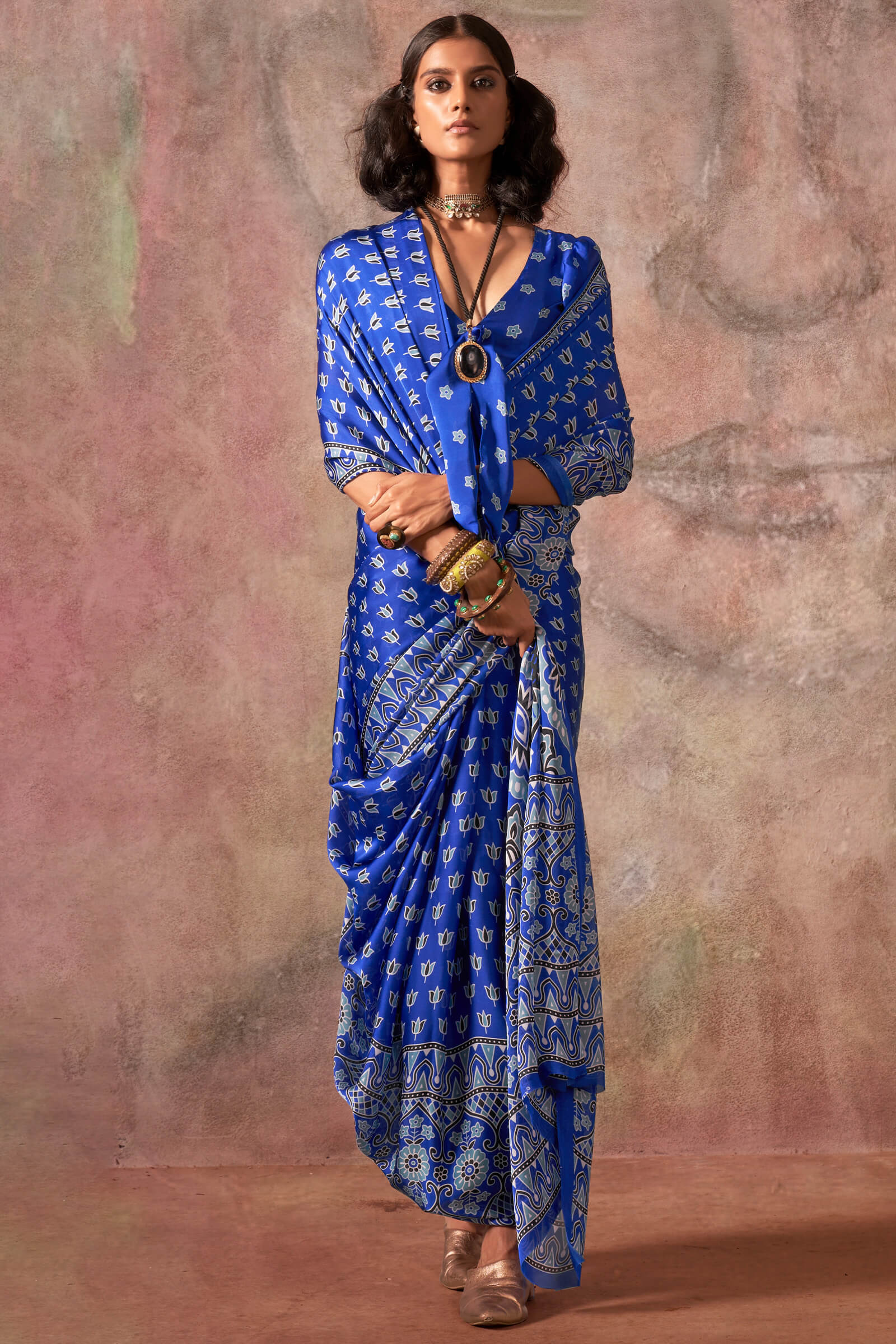 Forbearance Blue Ajrakh Printed Satin Silk Saree With Divine Blouse Piece - Image 2
