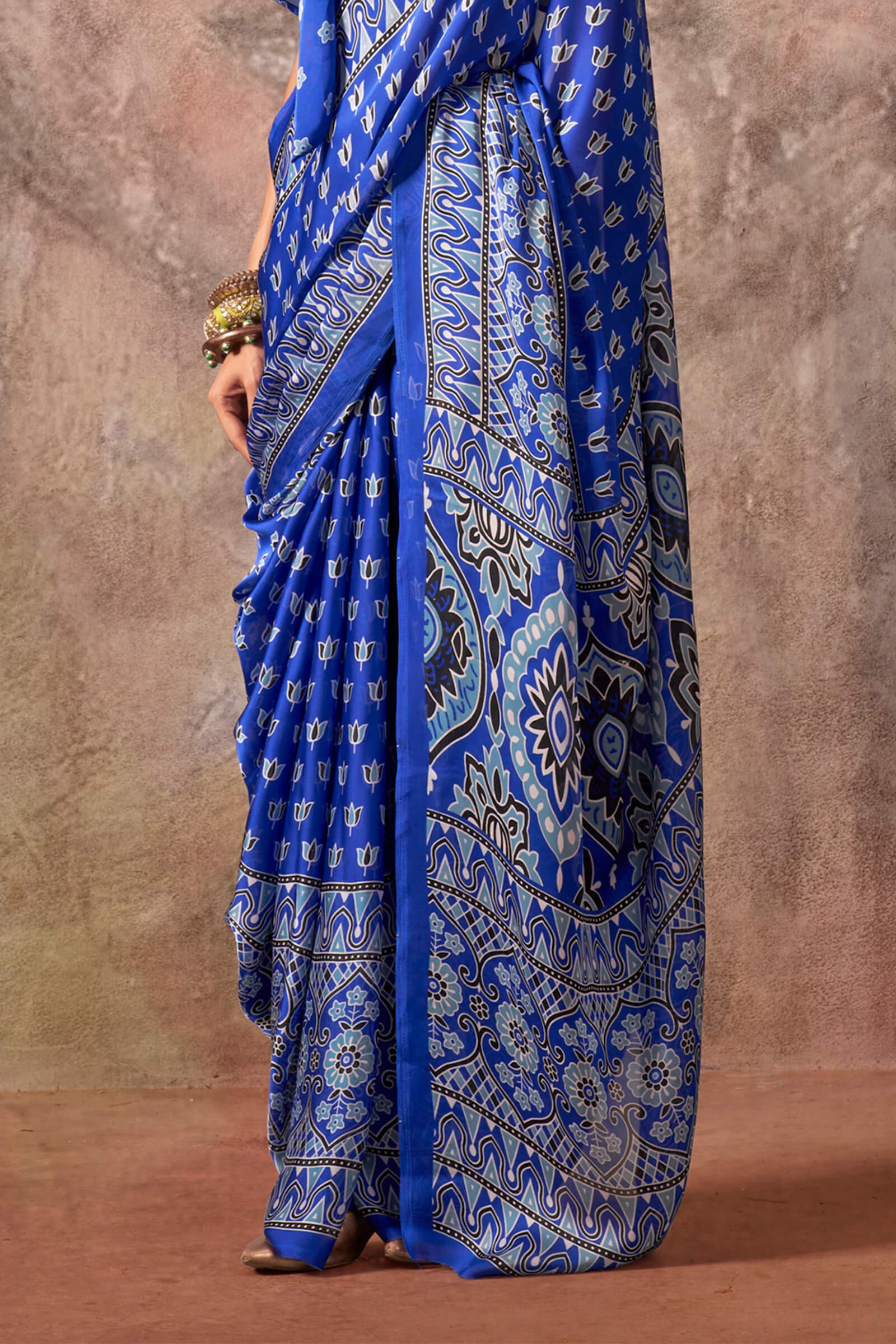 Forbearance Blue Ajrakh Printed Satin Silk Saree With Divine Blouse Piece - Image 3