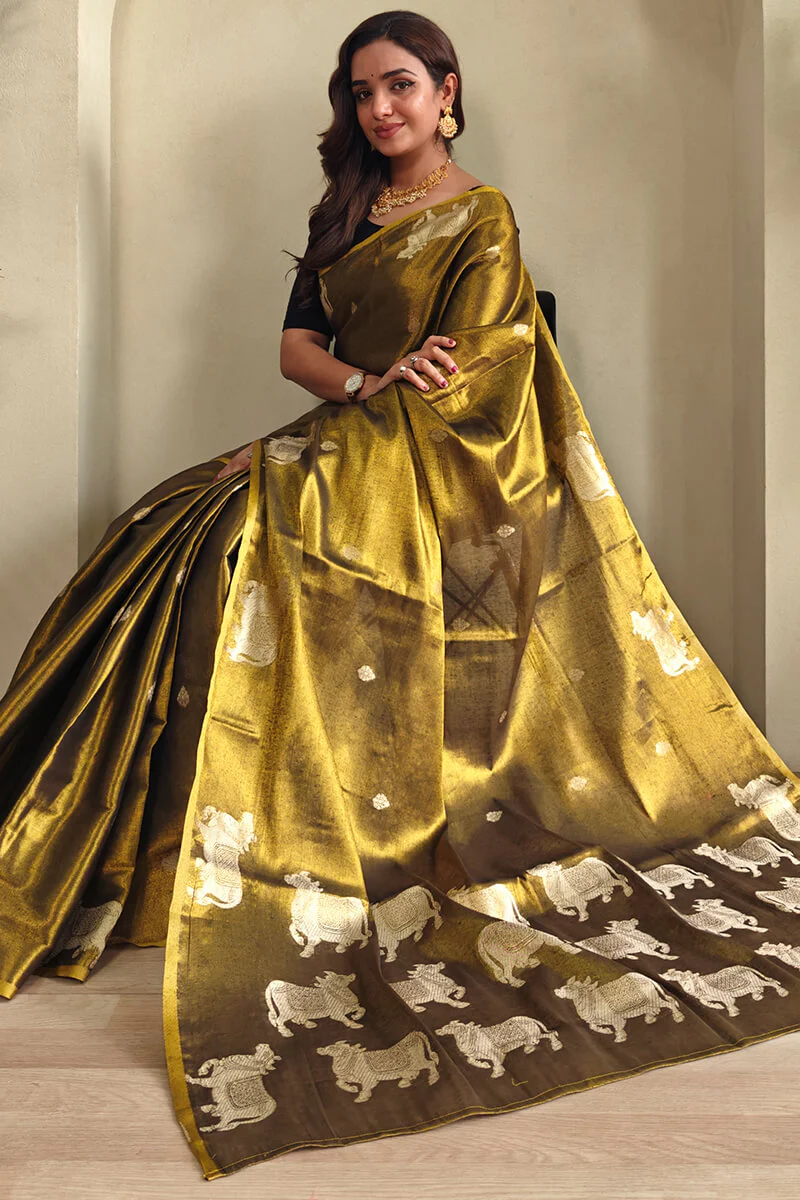 Forbearance Golden Soft Banarasi Tissue Silk Saree With Elegant Blouse Piece - Image 2