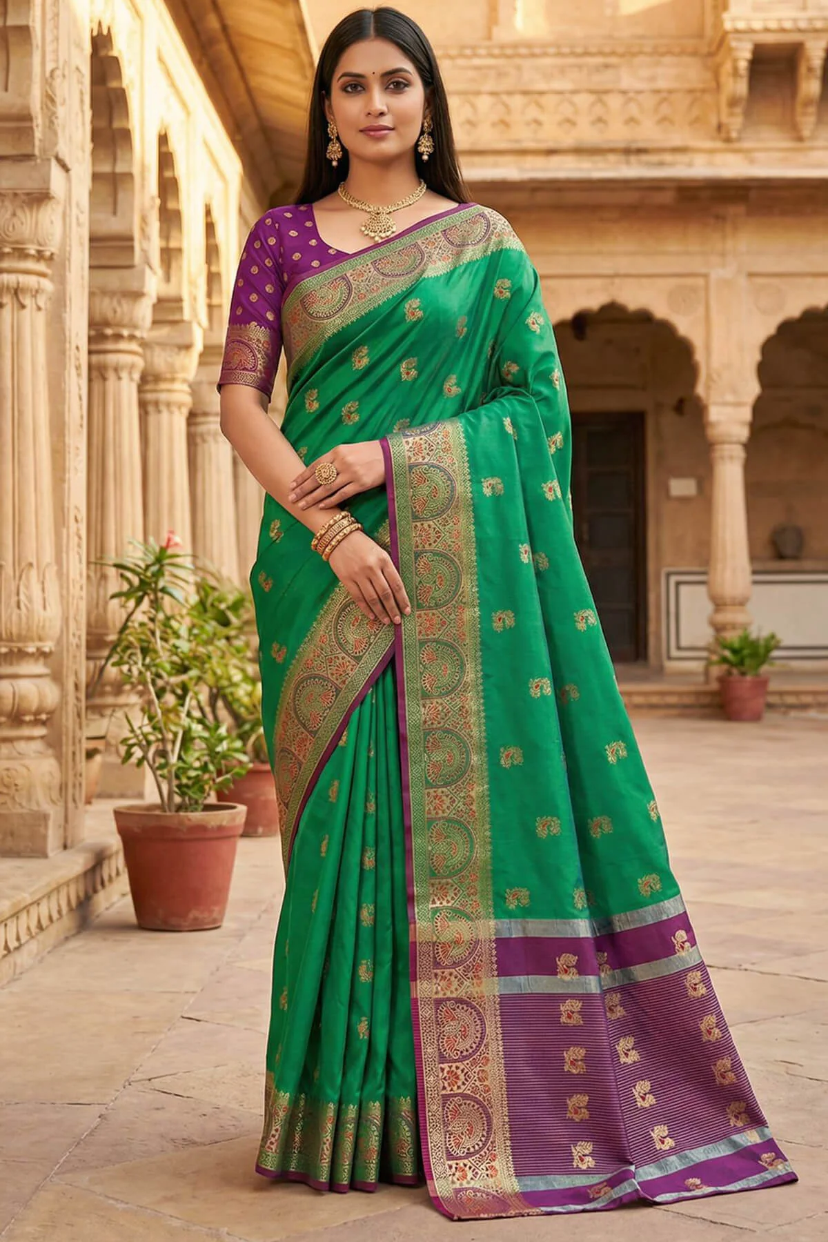 Forbearance Green Pure Zari Weaving Banarasi Silk Saree With Girlish Blouse Piece