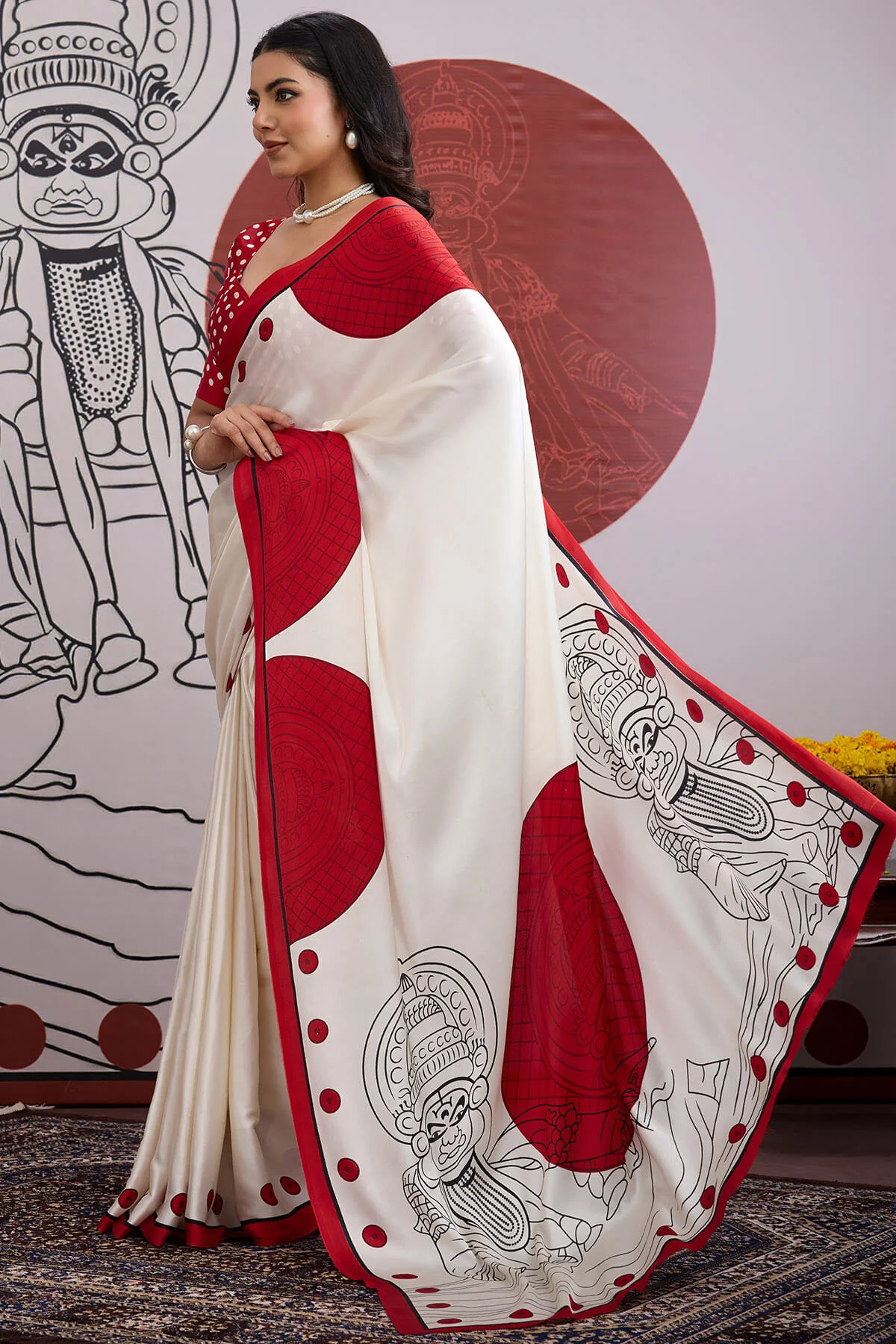 Forbearance Off White and Red Ajrakh Printed Satin Silk Saree With Moiety Blouse Piece - Image 3