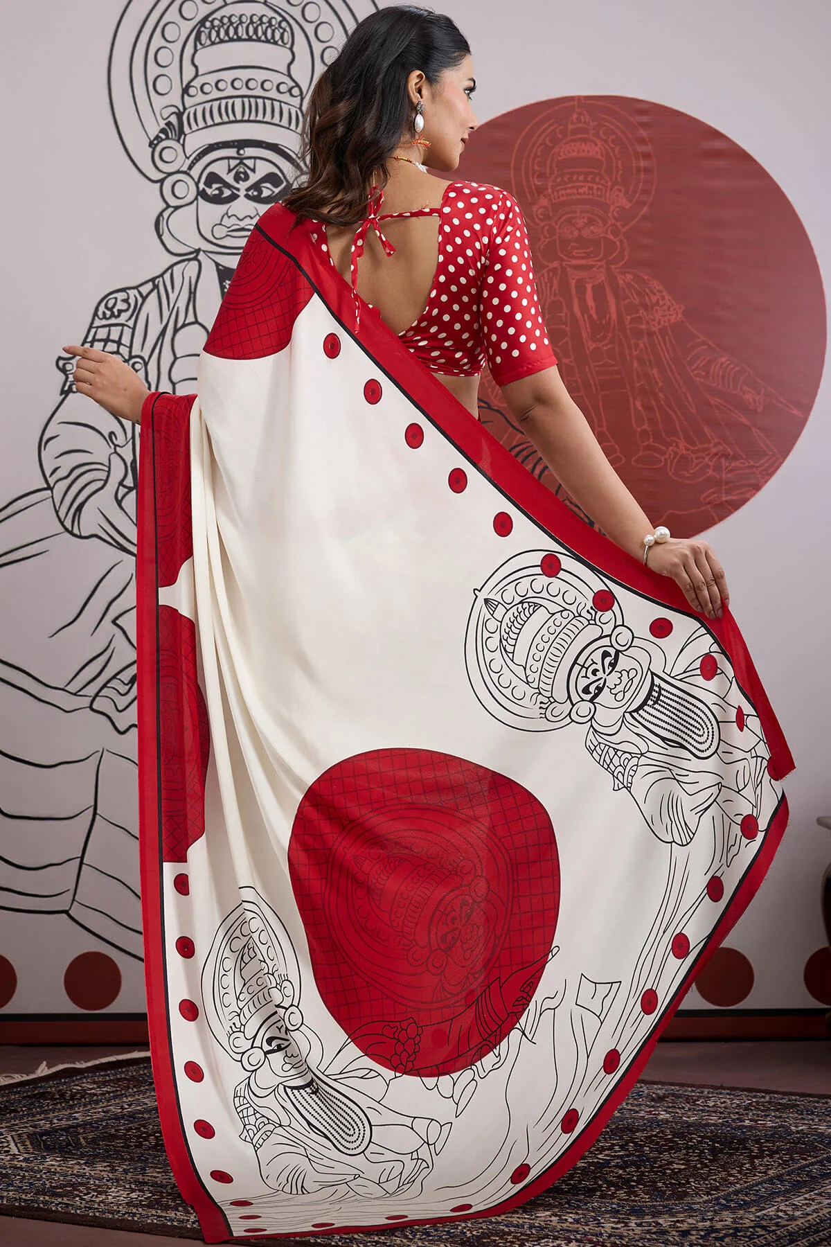 Forbearance Off White and Red Ajrakh Printed Satin Silk Saree With Moiety Blouse Piece - Image 6