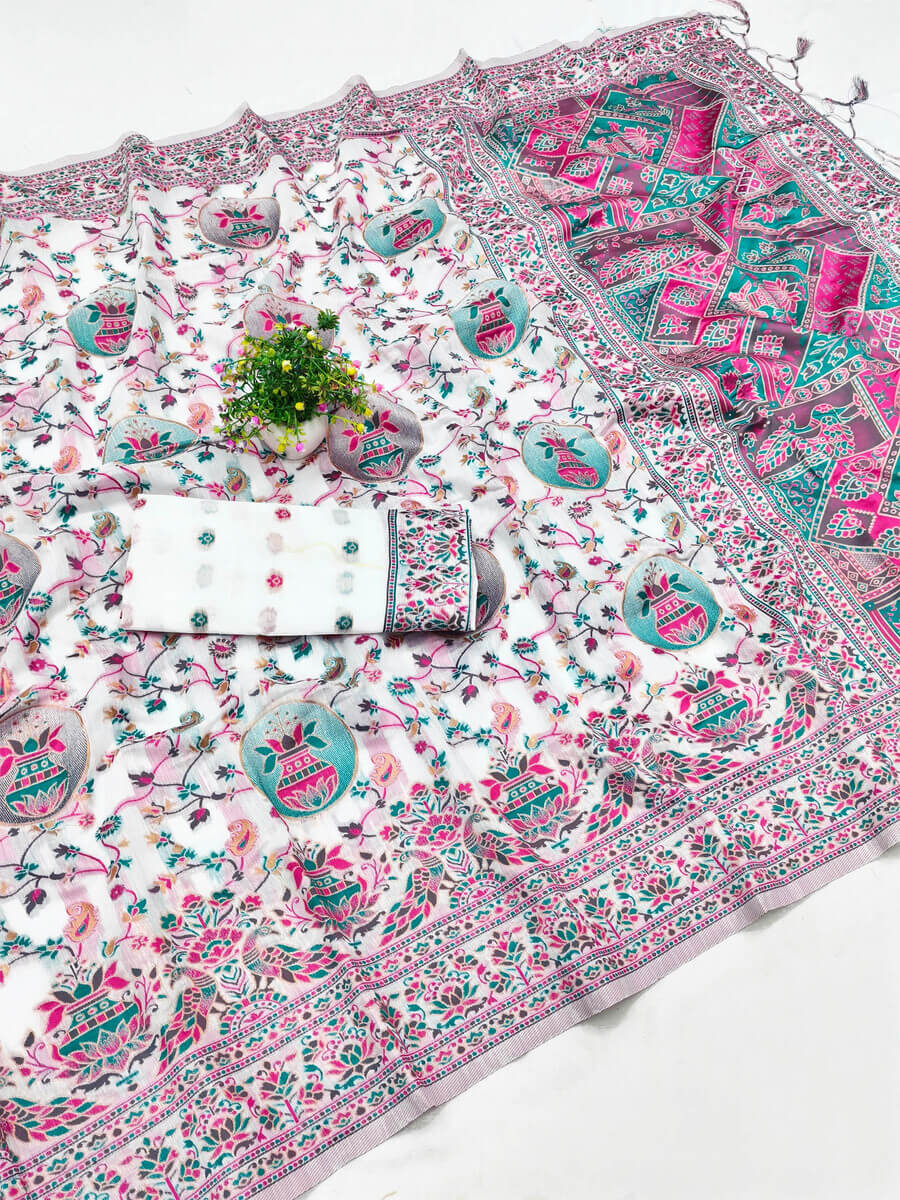 Forbearance Off White Pashmina Saree With Phenomenal Snappy Piece - Image 3