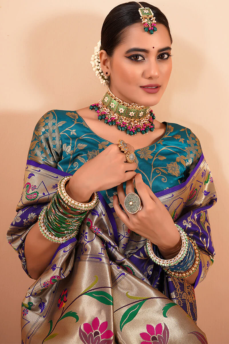 Forbearance Royal Blue Paithani Silk Saree With Pretty Blouse Piece - Image 2