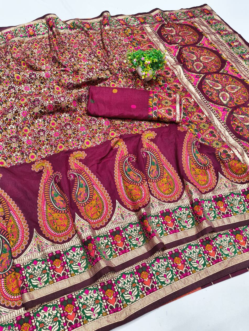 Forbearance Wine Nylon Dola Pashmina Saree With Prominent Blouse Piece - Image 3