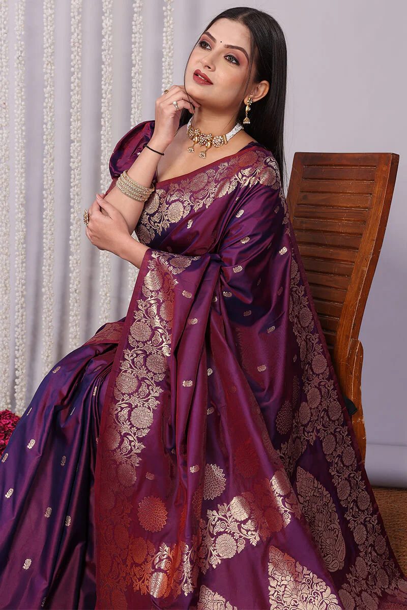 Forbearance Wine Soft Banarasi Silk Saree With Demanding Blouse Piece - Image 2