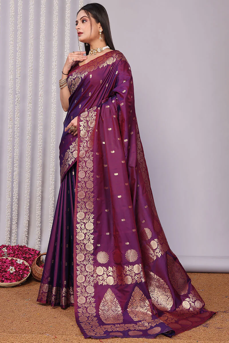 Forbearance Wine Soft Banarasi Silk Saree With Demanding Blouse Piece - Image 4