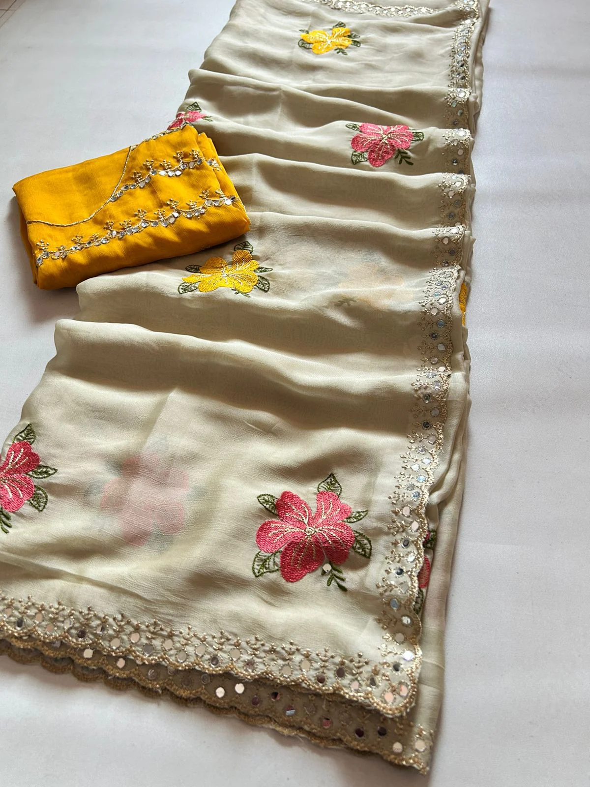 Fragrant Beige Embroidery Work Viscose Saree With Most Flattering Blouse Piece - Image 2