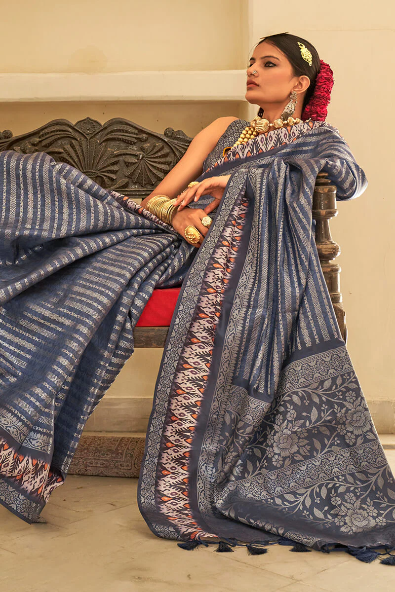 Fragrant Dark Grey Digital Printed Soft Silk Saree With Ravishing Blouse Piece - Image 2