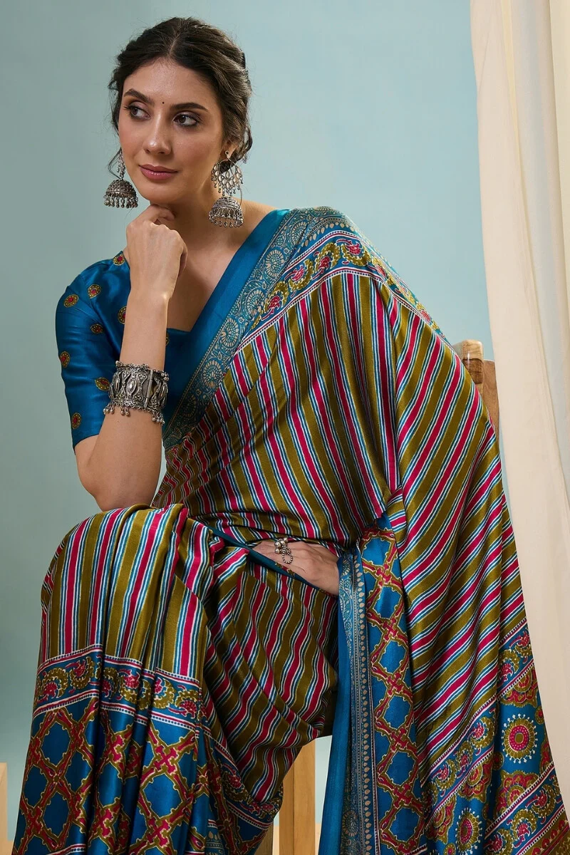 Fragrant Green Ajrakh Printed Semi Modal Silk Saree With Charismatic Blouse Piece - Image 2
