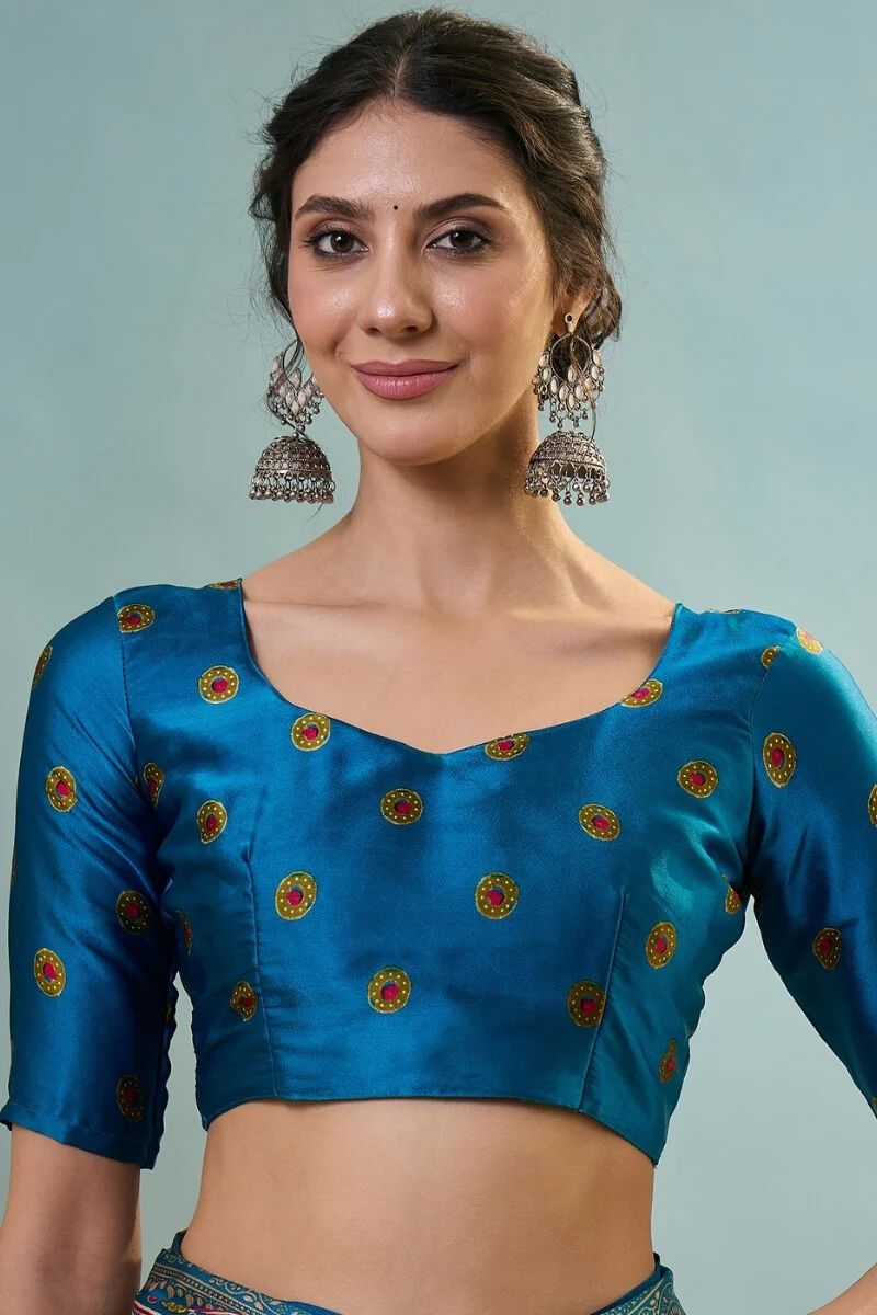 Fragrant Green Ajrakh Printed Semi Modal Silk Saree With Charismatic Blouse Piece - Image 6
