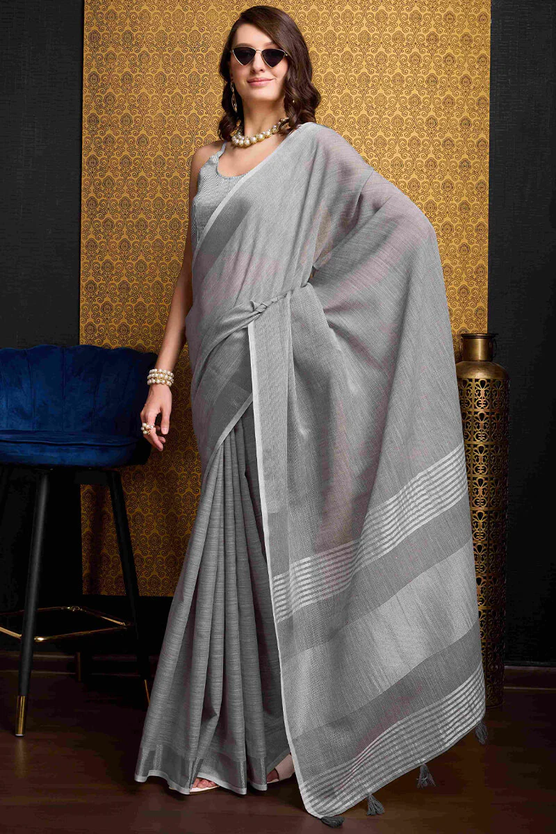 Fragrant Grey Cotton Silk Saree With Devastating Blouse Piece - Image 5