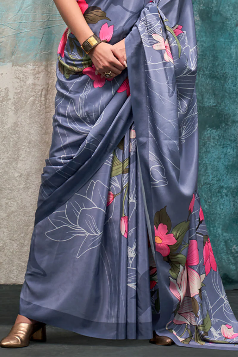 Fragrant Grey Digital Printed Crape Silk Saree With Glittering Blouse Piece - Image 4