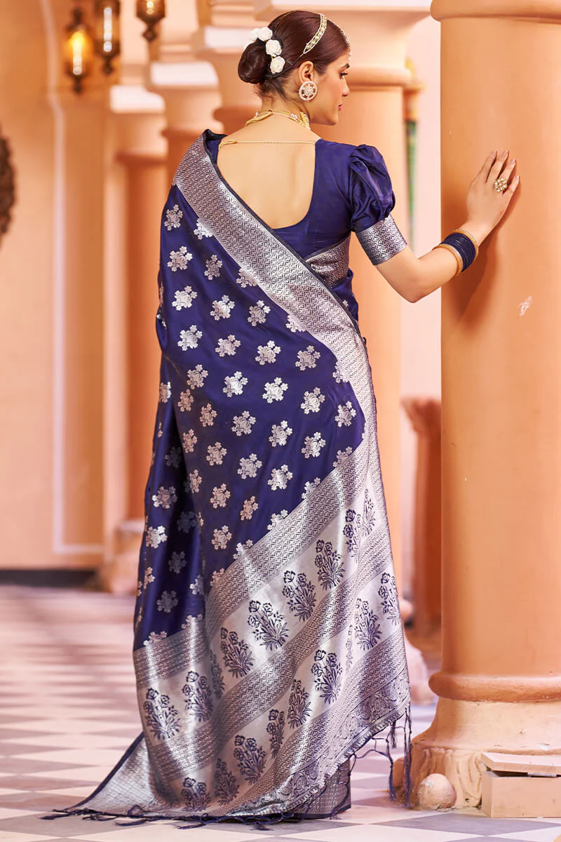 Fragrant Navy Blue Banarasi Silk Saree with Improbable Blouse Piece - Image 6