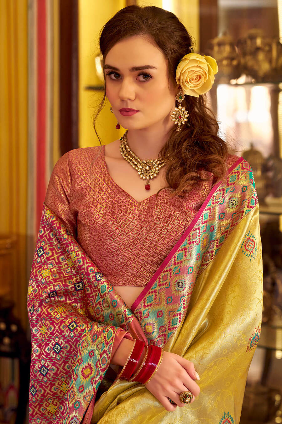 Fragrant Yellow Tissue Patola Silk Saree with Trendy Blouse Piece - Image 2