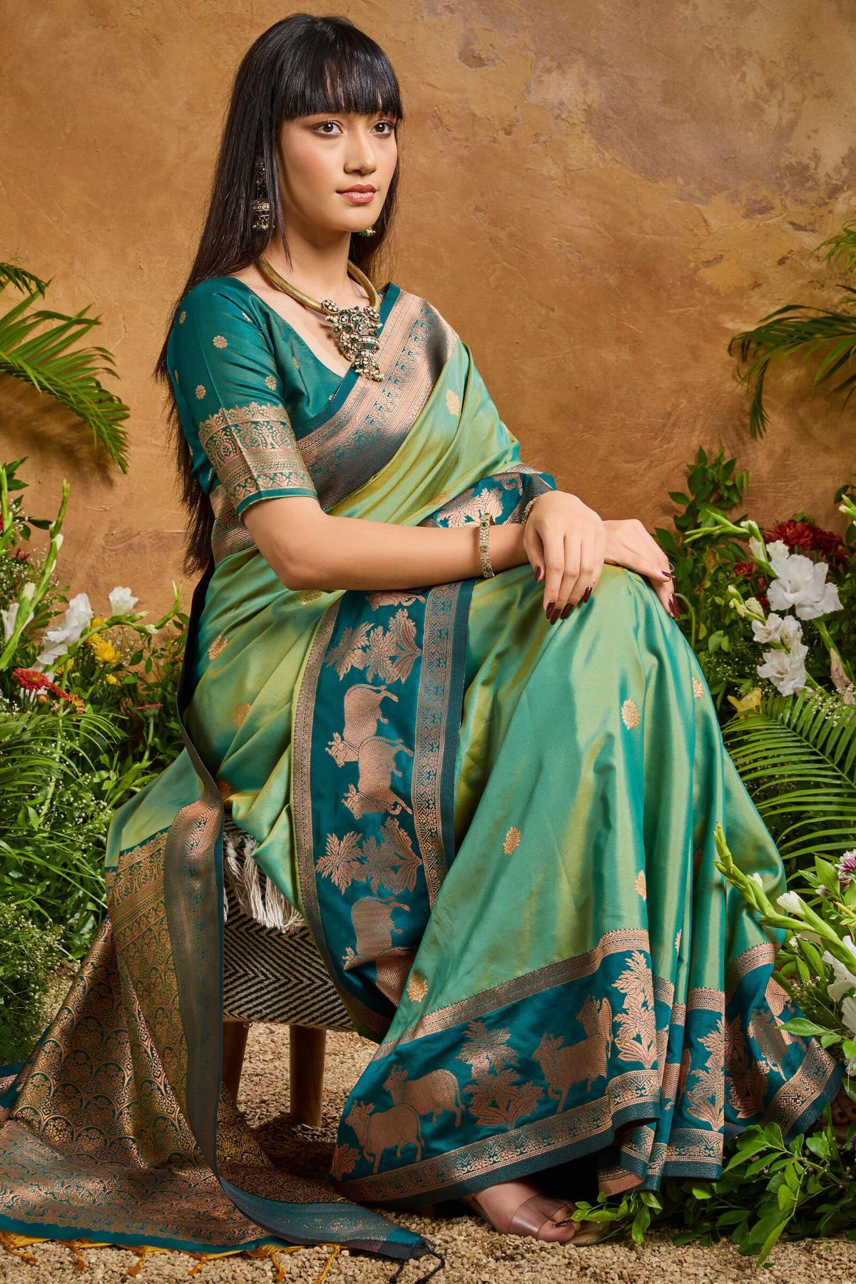 Fugacious Green Soft Banarasi Silk Saree With Unique Blouse Piece - Image 2
