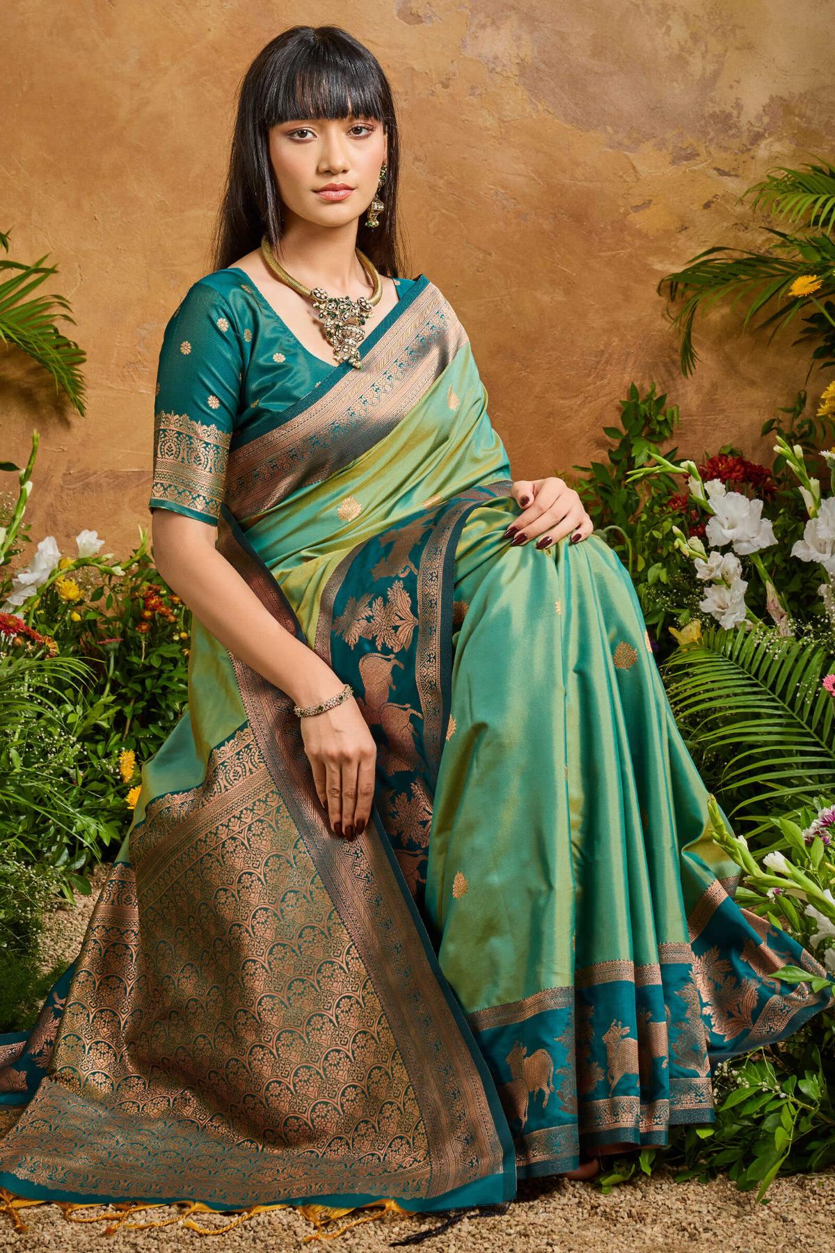 Fugacious Green Soft Banarasi Silk Saree With Unique Blouse Piece - Image 5
