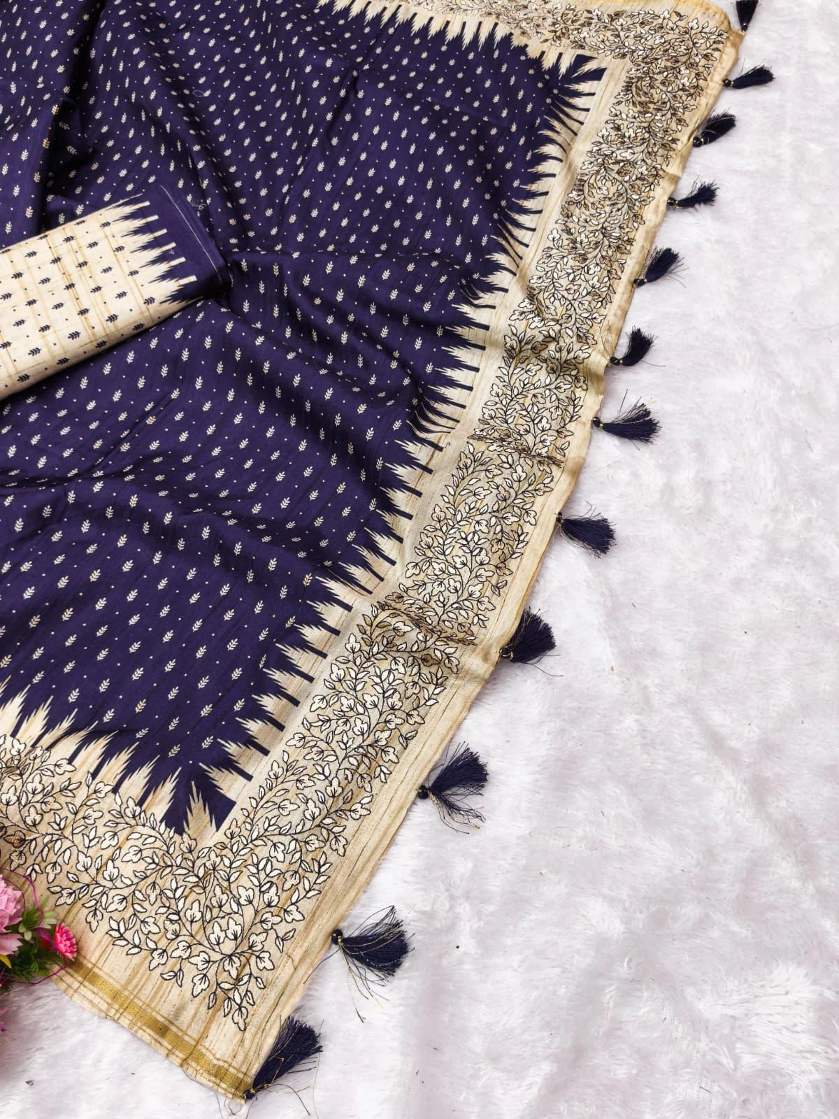 Fugacious Navy Blue Embroidery Work Tussar Silk Saree With Woebegone Blouse Piece - Image 2