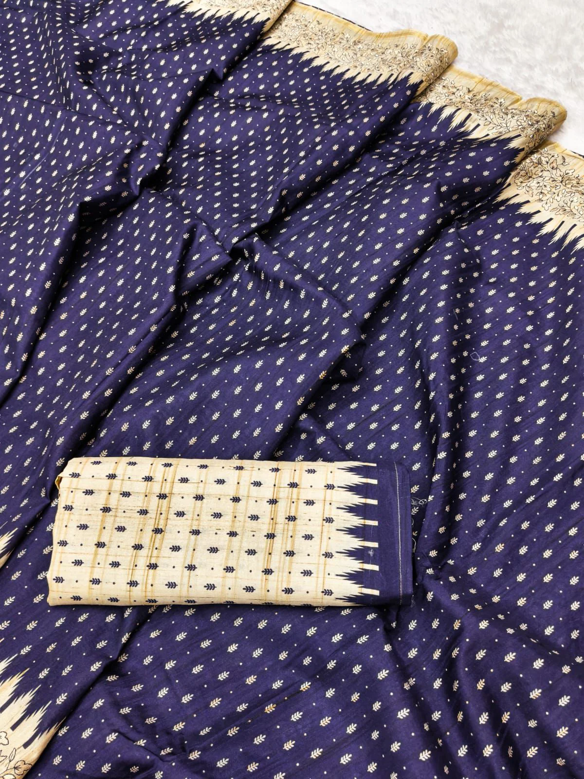 Fugacious Navy Blue Embroidery Work Tussar Silk Saree With Woebegone Blouse Piece - Image 3