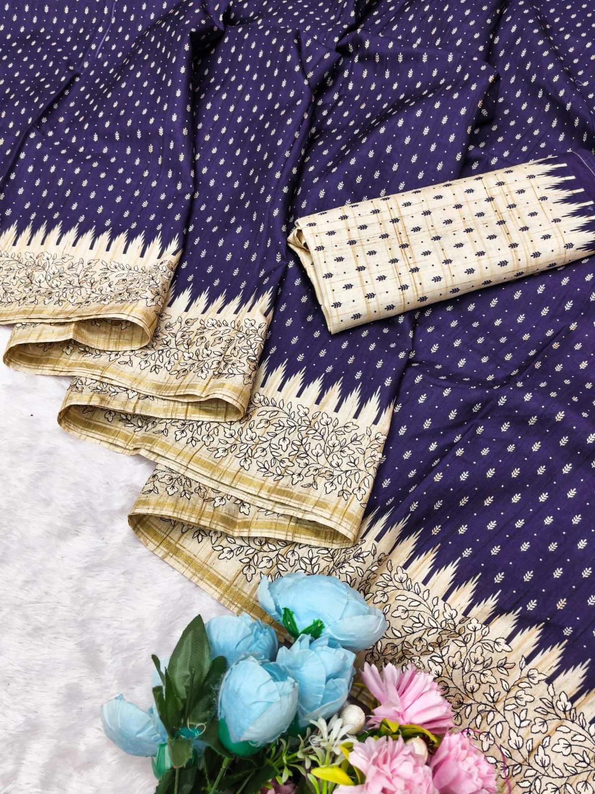 Fugacious Navy Blue Embroidery Work Tussar Silk Saree With Woebegone Blouse Piece - Image 4