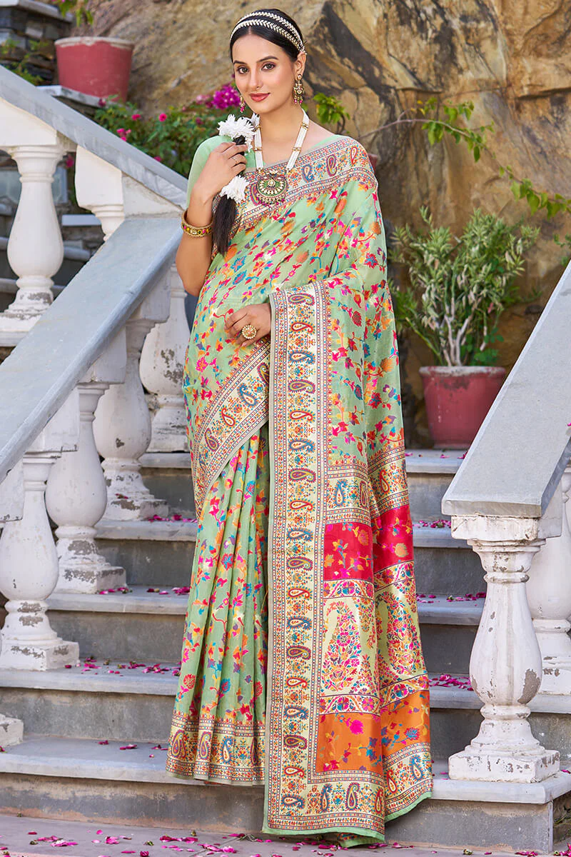 Fugacious Pista Pashmina saree With Efflorescence Blouse Piece - Image 3