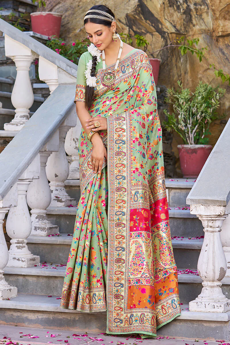Fugacious Pista Pashmina saree With Efflorescence Blouse Piece - Image 4