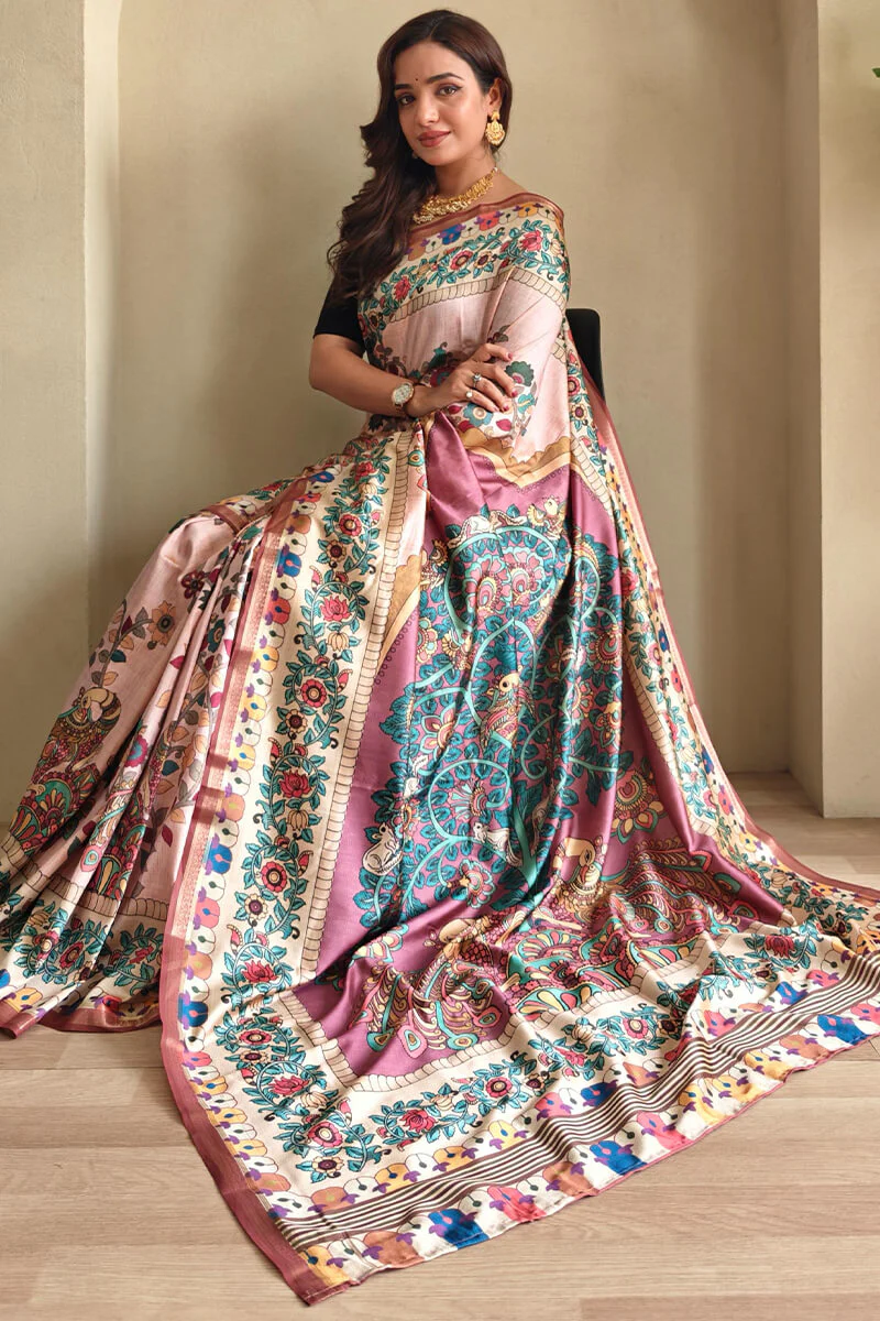 Girlish Baby Pink Soft Silk Kalamkari Printed Saree With Murmurous Blouse Piece - Image 2