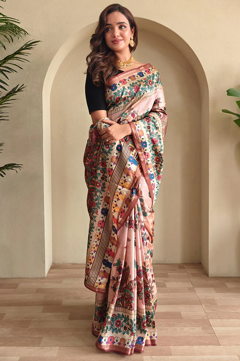 Girlish Baby Pink Soft Silk Kalamkari Printed Saree With Murmurous Blouse Piece - Image 3