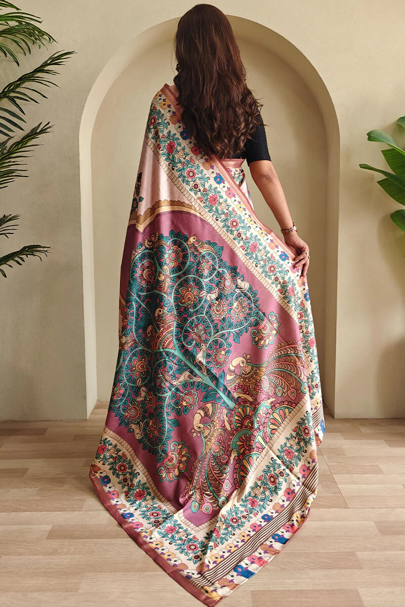 Girlish Baby Pink Soft Silk Kalamkari Printed Saree With Murmurous Blouse Piece - Image 4