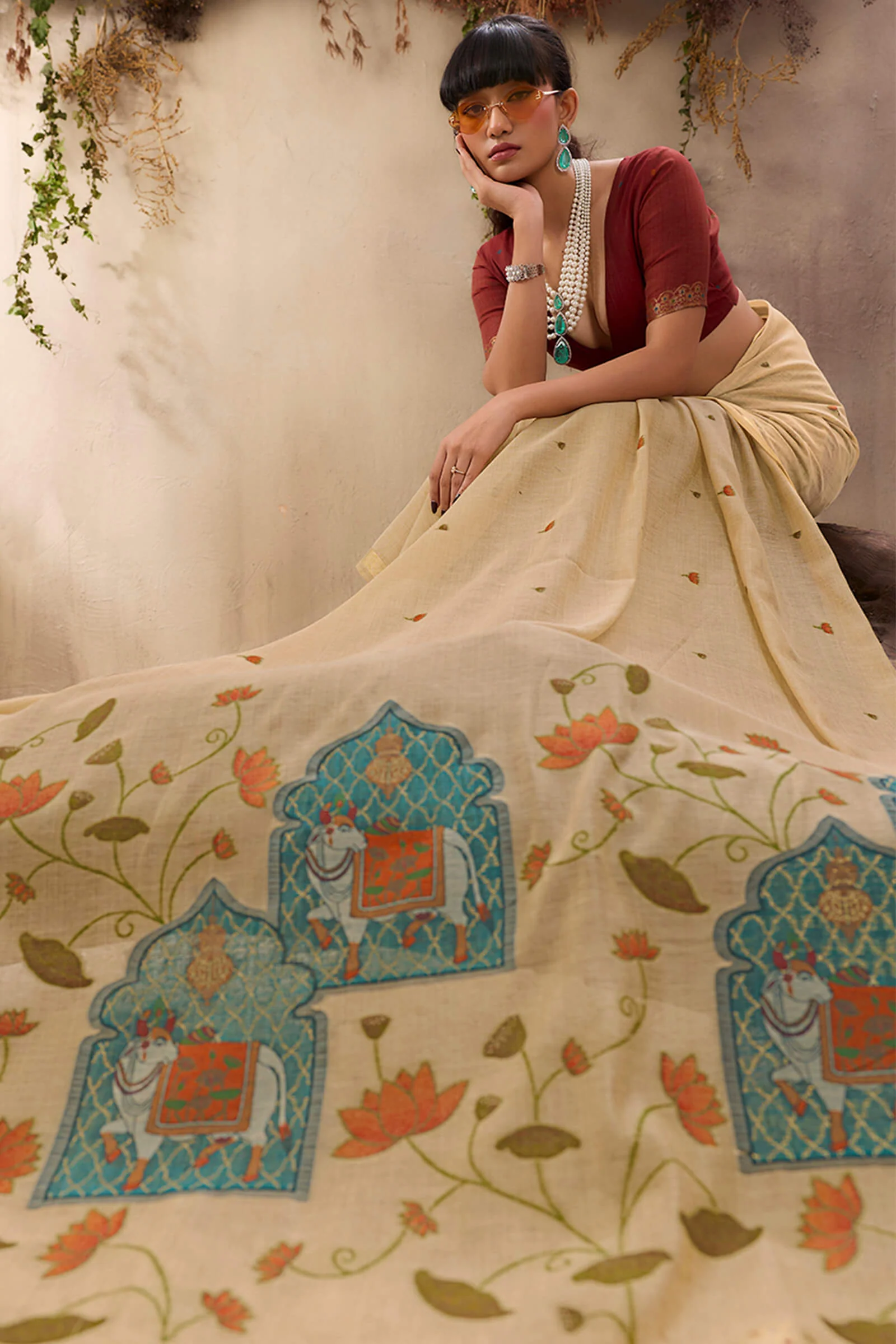 Girlish Beige Cotton Silk Saree With Serendipity Blouse Piece - Image 4