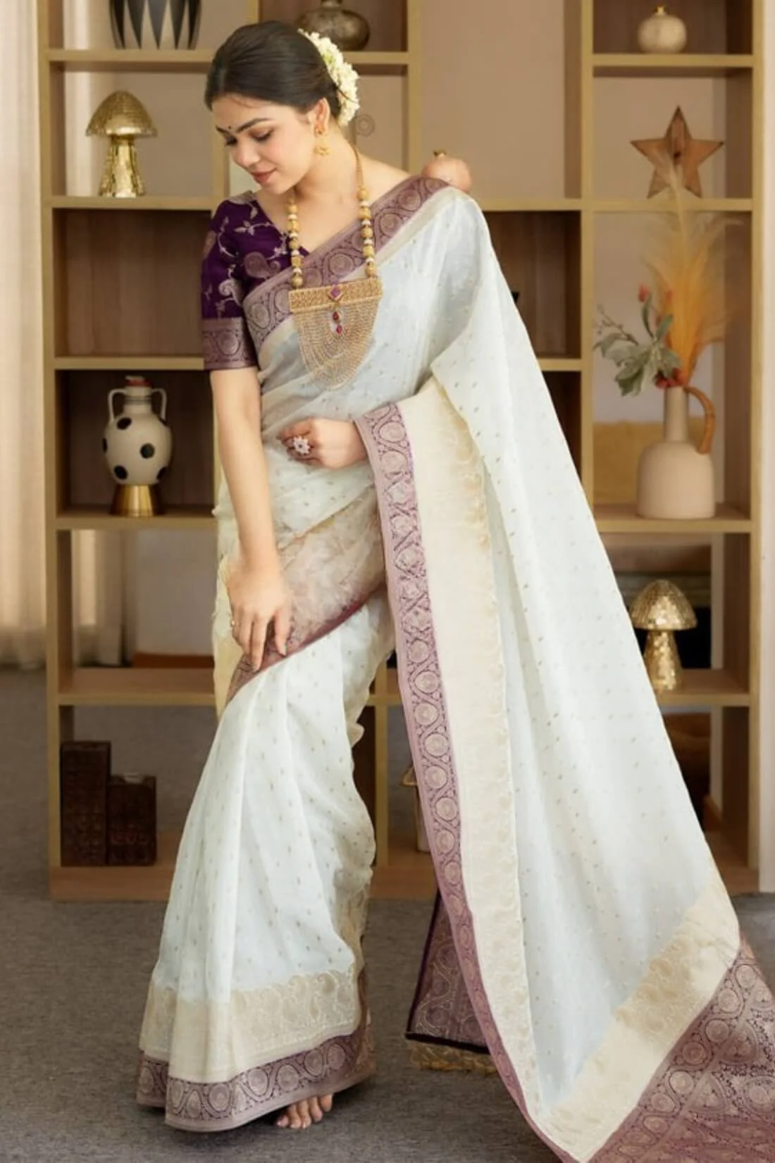 Girlish Beige Soft Silk Saree With Outstanding Blouse Piece - Image 3